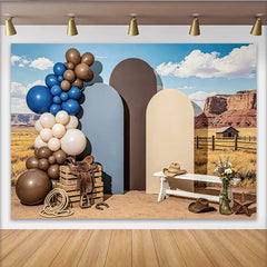 Lofaris Toile de fond pour anniversaire western avec ballons et chapeaux de cowboy, décor de fête rustique pour studio photo et événements
