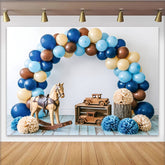 Lofaris Toile de fond pour baby shower garçon avec ballons bleus et jouets en bois, magnifique arrière-plan de photographie pour fête prénatale