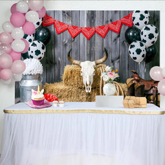 Lofaris Toile de fond western rustique pour anniversaire avec ballons vache, décor de fête à thème ferme pour studio photo