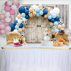 Lofaris Toile de fond anniversaire cowboy bleu avec ballons imprimé vache, décor rustique de grange pour fête et séance photo