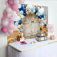 Lofaris Toile de fond anniversaire cowboy bleu avec ballons imprimé vache, décor rustique de grange pour fête et séance photo