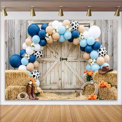 Lofaris Toile de fond anniversaire cowboy bleu avec ballons imprimé vache, décor rustique de grange pour fête et séance photo