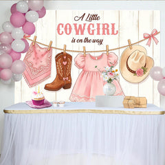 Lofaris Toile de fond rose petite cowgirl pour baby shower fille, décor rustique en bois avec vêtements de bébé pour séance photo