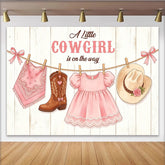 Lofaris Toile de fond rose petite cowgirl pour baby shower fille, décor rustique en bois avec vêtements de bébé pour séance photo