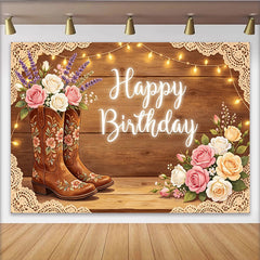 Lofaris Toile de fond joyeux anniversaire rustique avec bottes de cowboy fleuries et bois, arrière-plan champêtre pour studio photo