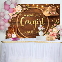 Lofaris Toile de fond baby shower cowgirl fille, bois rustique et roses, arrière-plan western avec bottes et chapeau pour photo