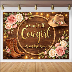 Lofaris Toile de fond baby shower cowgirl fille, bois rustique et roses, arrière-plan western avec bottes et chapeau pour photo