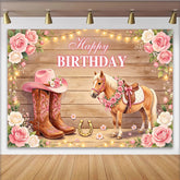 Lofaris Toile de fond anniversaire cowgirl cheval rose avec roses et bois, arrière-plan rustique élégant pour studio photo et fête