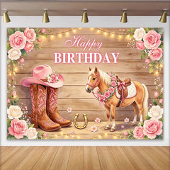 Lofaris Toile de fond anniversaire cowgirl cheval rose avec roses et bois, arrière-plan rustique élégant pour studio photo et fête