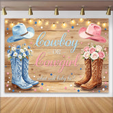 Lofaris Toile de fond pour baby shower révélation du sexe cowboy ou cowgirl, décor rustique avec bottes et chapeaux