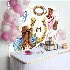 Lofaris Toile de fond baby shower révélation de genre western, arrière-plan bleu et rose pour fête de naissance et photo