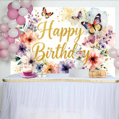 Lofaris Toile de fond joyeux anniversaire florale avec papillons, paillettes dorées et magnifique décor pour studio photo et fête