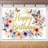 Lofaris Toile de fond joyeux anniversaire florale avec papillons, paillettes dorées et magnifique décor pour studio photo et fête