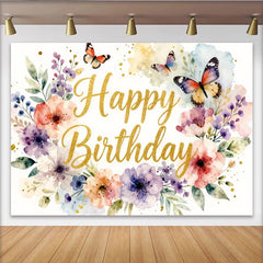 Lofaris Toile de fond joyeux anniversaire florale avec papillons, paillettes dorées et magnifique décor pour studio photo et fête