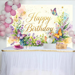 Lofaris: Toile de fond joyeux anniversaire florale aquarelle papillons, magnifique arrière-plan de fête pour studio photo