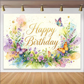 Lofaris: Toile de fond joyeux anniversaire florale aquarelle papillons, magnifique arrière-plan de fête pour studio photo