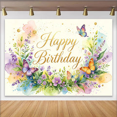 Lofaris: Toile de fond joyeux anniversaire florale aquarelle papillons, magnifique arrière-plan de fête pour studio photo