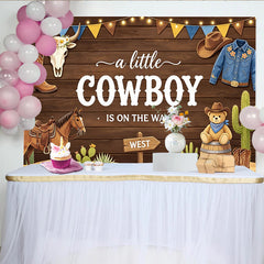 Lofaris Toile de fond pour baby shower cowboy avec bottes, chapeau et cheval, arrière-plan en bois rustique pour fête prénatale garçon