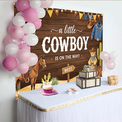 Lofaris Toile de fond pour baby shower cowboy avec bottes, chapeau et cheval, arrière-plan en bois rustique pour fête prénatale garçon
