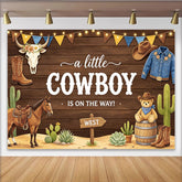 Lofaris Toile de fond pour baby shower cowboy avec bottes, chapeau et cheval, arrière-plan en bois rustique pour fête prénatale garçon