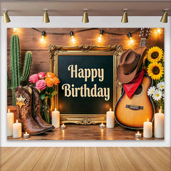 Lofaris Toile de fond western joyeux anniversaire avec bottes de cowboy et guitare, décor rustique en bois pour fête et séance photo