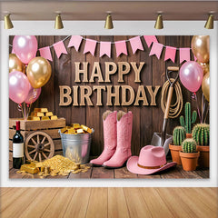 Lofaris Toile de fond joyeux anniversaire western rose avec bottes et chapeau, décor rustique pour fête et séance photo
