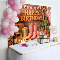 Lofaris Toile de fond pour anniversaire cowgirl rose avec bottes, chapeau et ballons, décor western pour fête de fille et séance photo