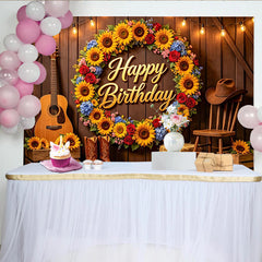 Lofaris Toile de fond joyeux anniversaire rustique avec tournesols et guitare, magnifique décor de fête western pour studio photo