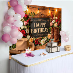 Lofaris Toile de fond joyeux anniversaire western avec roses et bottes, décor rustique pour studio photo et célébration