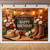 Lofaris Toile de fond joyeux anniversaire western avec roses et bottes, décor rustique pour studio photo et célébration