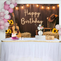 Lofaris Toile de fond joyeux anniversaire thème western avec guitare et bottes, décor rustique pour studio photo avec tournesols et lumières
