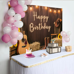 Lofaris Toile de fond joyeux anniversaire thème western avec guitare et bottes, décor rustique pour studio photo avec tournesols et lumières