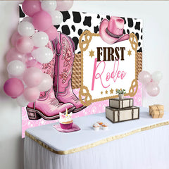 Lofaris Toile de fond pour 1er anniversaire cowgirl rodéo rose avec bottes et chapeau, décor de fête western avec motif vache pour studio photo