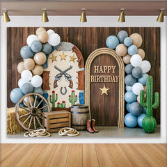 Lofaris Toile de fond anniversaire western avec pistolets et cactus, décorations rustiques arrière-plan de fête pour studio photo ou photomaton