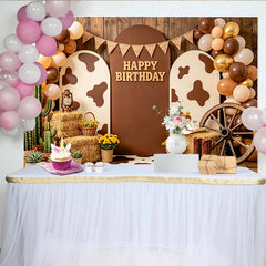 Lofaris Toile de fond anniversaire thème western avec imprimé vache et ballons, arrière-plan rustique pour studio photo et décoration de fête