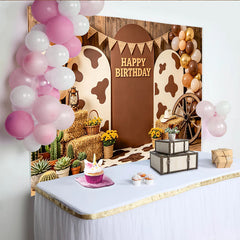 Lofaris Toile de fond anniversaire thème western avec imprimé vache et ballons, arrière-plan rustique pour studio photo et décoration de fête