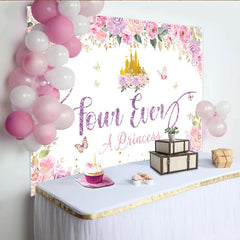 Lofaris Toile de fond 4ème anniversaire princesse château doré et fleurs roses, scintillant arrière-plan floral pour fête de fille et photo