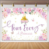Lofaris Toile de fond 4ème anniversaire princesse château doré et fleurs roses, scintillant arrière-plan floral pour fête de fille et photo