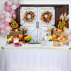 Lofaris Toile de fond d'automne rustique avec portes de grange blanches et citrouilles, de récolte pour studio photo et fête de Thanksgiving