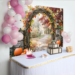 Lofaris Toile de fond d'automne avec arche rustique, feuilles colorées et citrouilles, décor de saison pour photographie et événements festifs