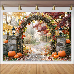 Lofaris Toile de fond d'automne avec arche rustique, feuilles colorées et citrouilles, décor de saison pour photographie et événements festifs