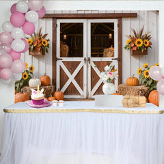 Lofaris Toile de fond d'automne rustique avec citrouilles et porte de grange, magnifique arrière-plan de récolte pour studio photo ou fête