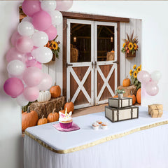 Lofaris Toile de fond d'automne rustique avec citrouilles et porte de grange, magnifique arrière-plan de récolte pour studio photo ou fête