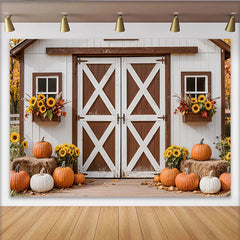 Lofaris Toile de fond de Thanksgiving rustique avec citrouilles et tournesols, magnifique arrière-plan de grange pour fête d'automne