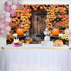 Lofaris Toile de fond d'automne avec citrouilles et porte en bois rustique, magnifique arrière-plan de récolte pour décoration de studio photo