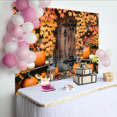 Lofaris Toile de fond d'automne avec citrouilles et porte en bois rustique, magnifique arrière-plan de récolte pour décoration de studio photo