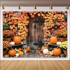 Lofaris Toile de fond d'automne avec citrouilles et porte en bois rustique, magnifique arrière-plan de récolte pour décoration de studio photo