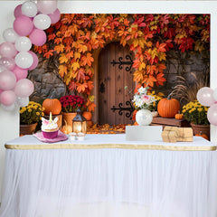 Lofaris Décor de photographie d'automne porte en bois et citrouilles, magnifique arrière-plan saisonnier pour studio photo