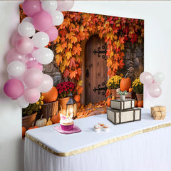 Lofaris Décor de photographie d'automne porte en bois et citrouilles, magnifique arrière-plan saisonnier pour studio photo