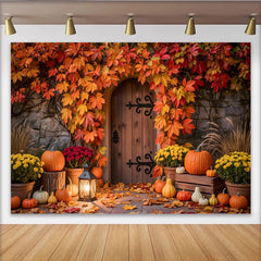 Lofaris Décor de photographie d'automne porte en bois et citrouilles, magnifique arrière-plan saisonnier pour studio photo